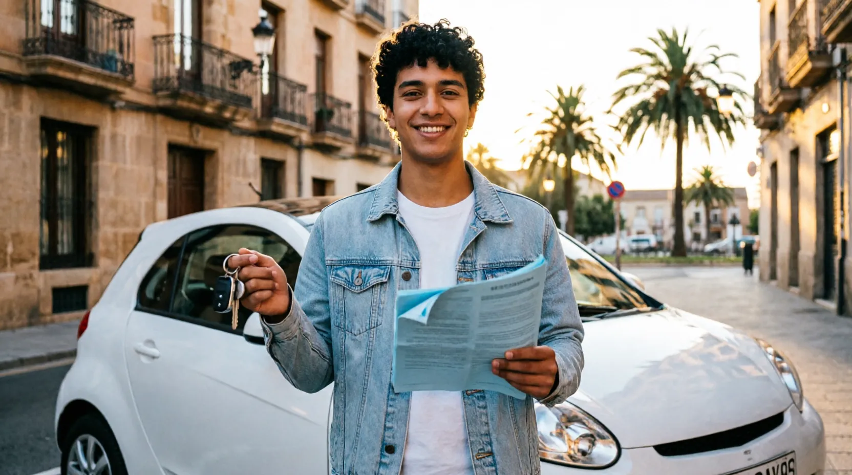 Joven conductor sosteniendo las llaves de su primer coche con la póliza de seguro en la mano
