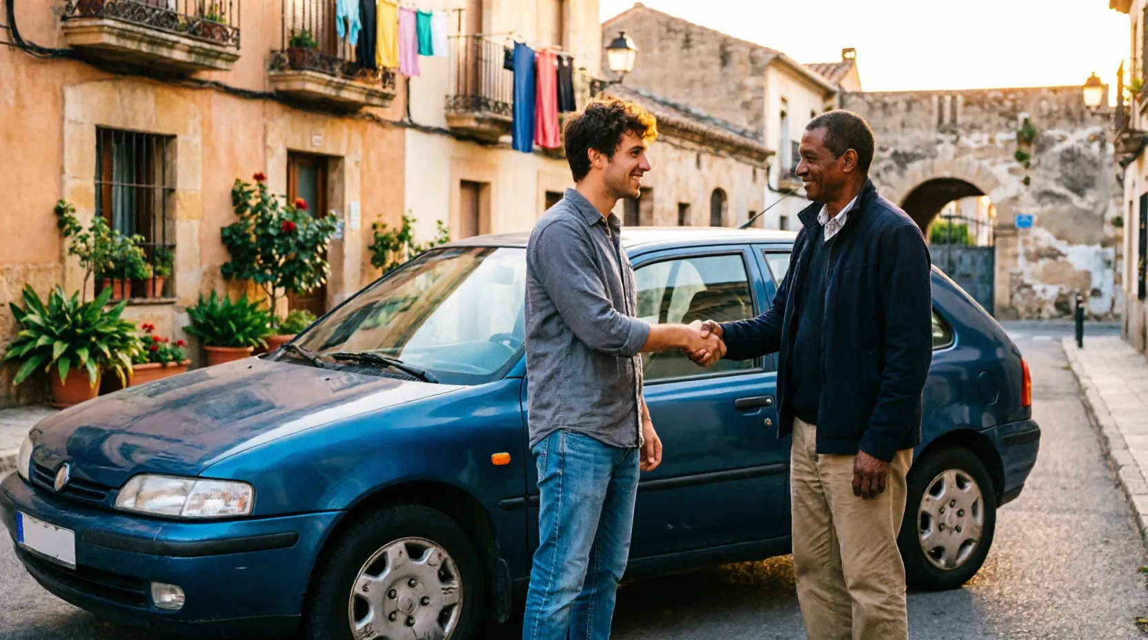 Dos personas estrechando las manos frente a un coche usado tras cerrar la compra