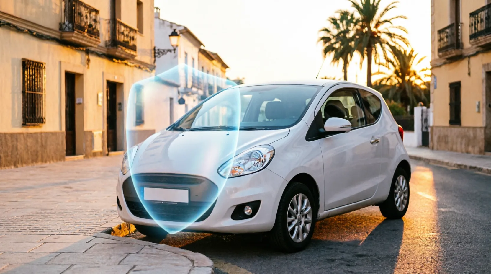 Coche blanco protegido por un escudo digital que representa al Consorcio
