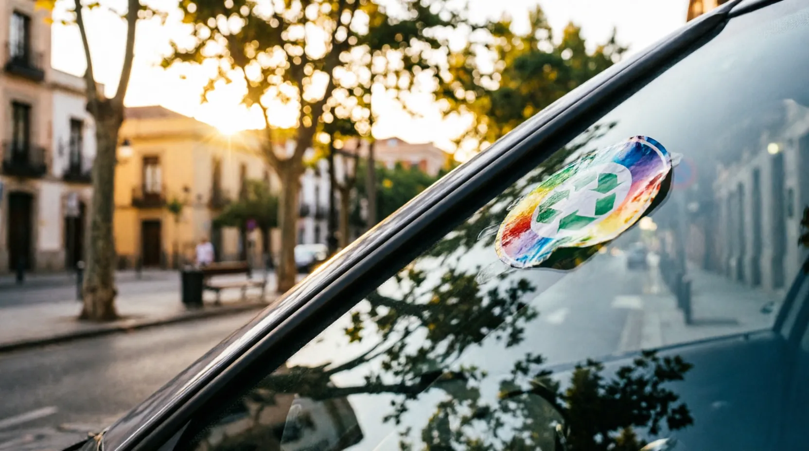Distintivo ambiental de la DGT en el parabrisas de un coche
