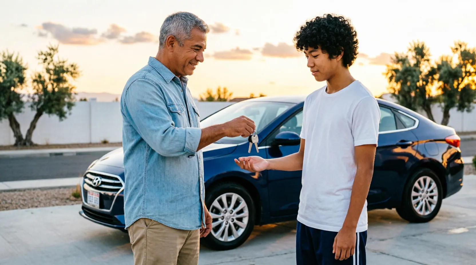 Padre entregando las llaves del coche familiar a su hijo conductor novel