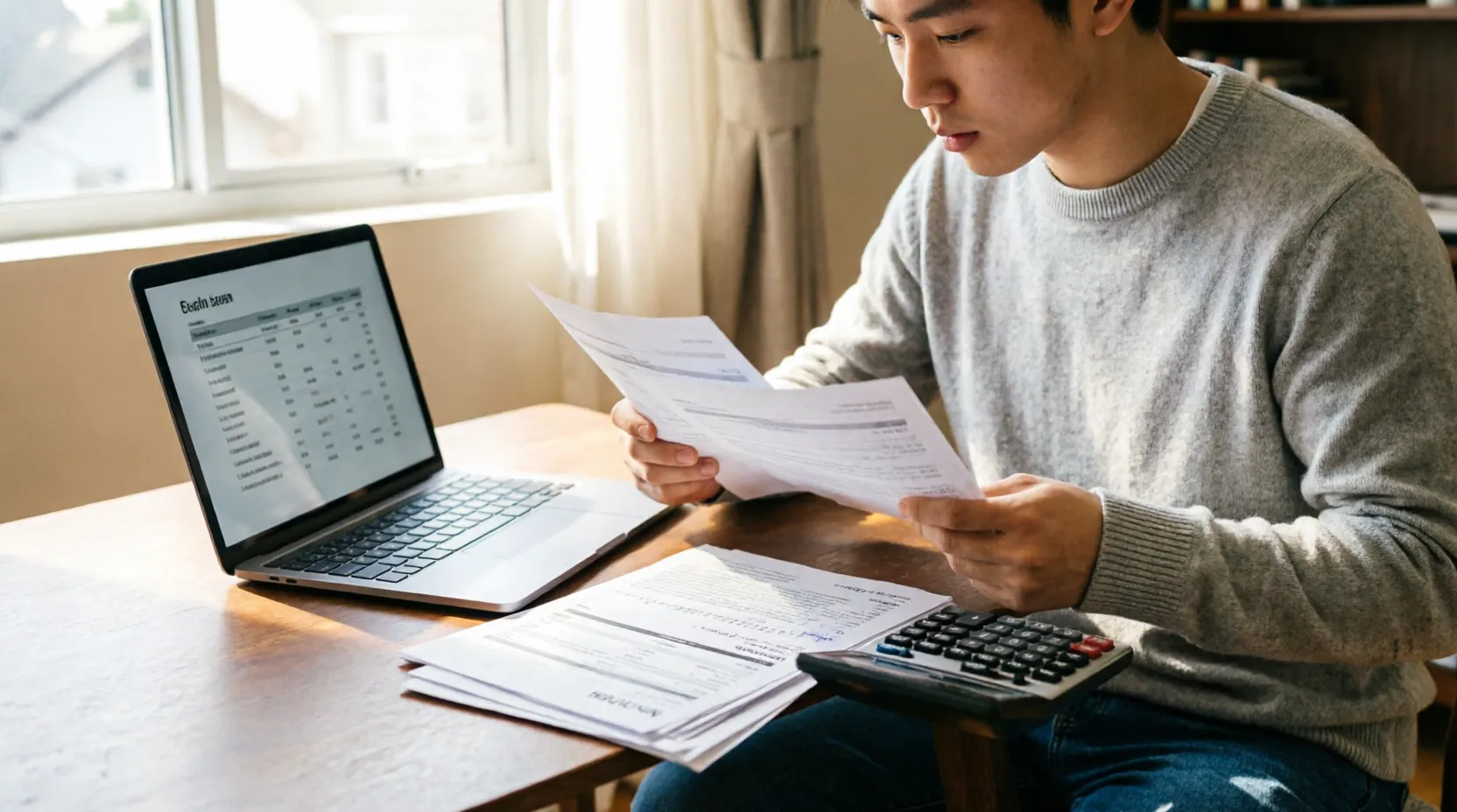 Joven calculando la cuota de financiación de su primer coche con un portátil