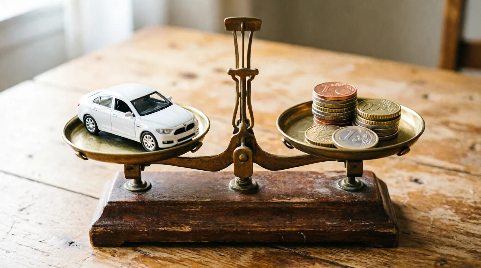 Balanza antigua pesando un coche en miniatura contra monedas de euro
