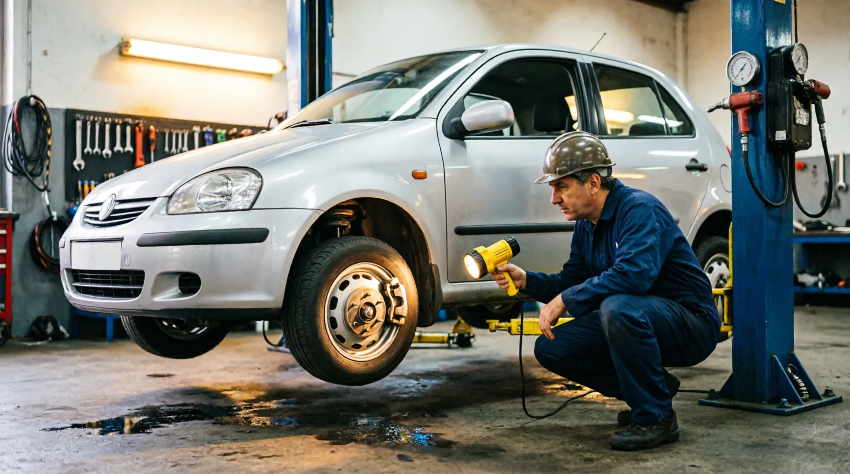 Mecánico inspeccionando con linterna un coche elevado en el taller