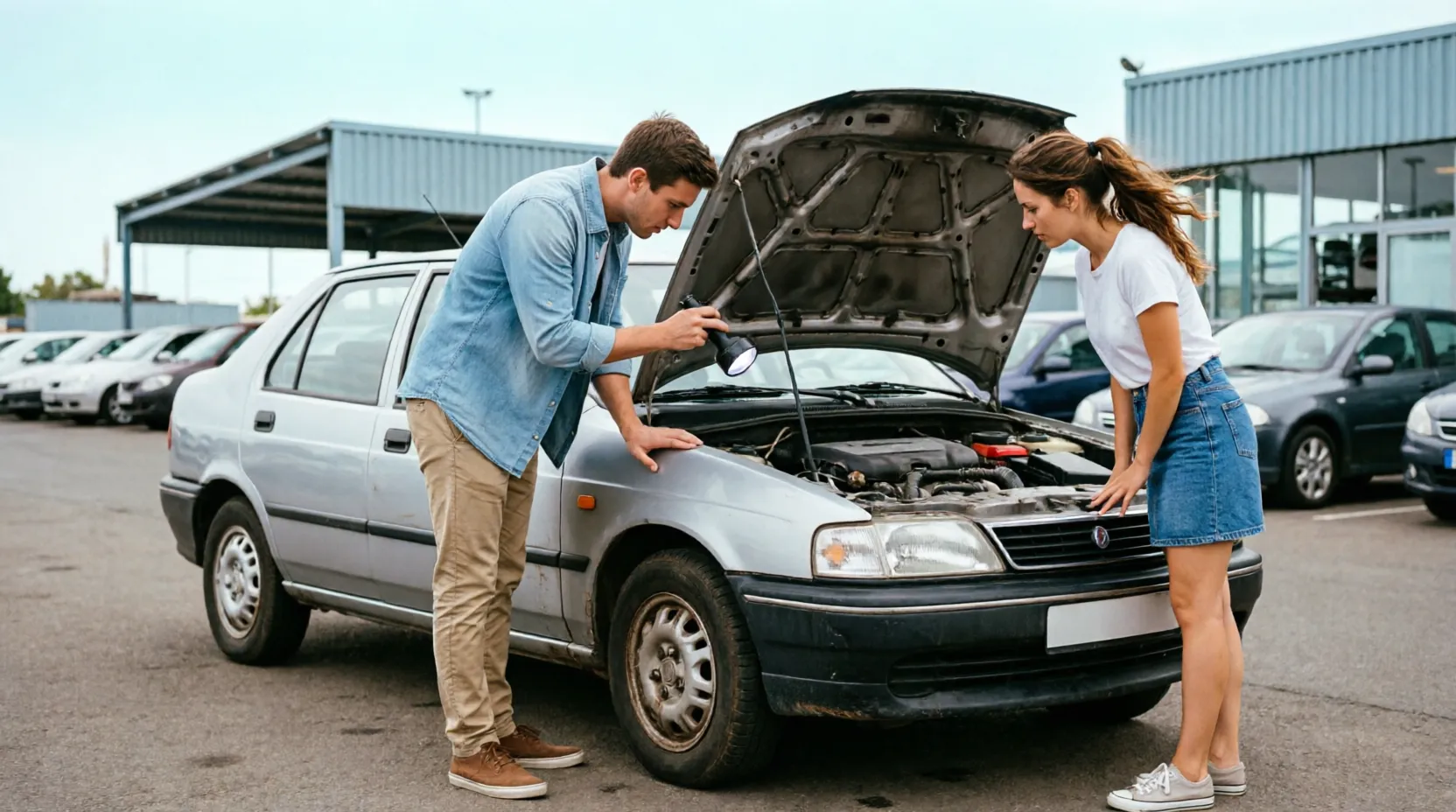 Pareja joven revisando el motor de un coche de segunda mano antes de comprarlo